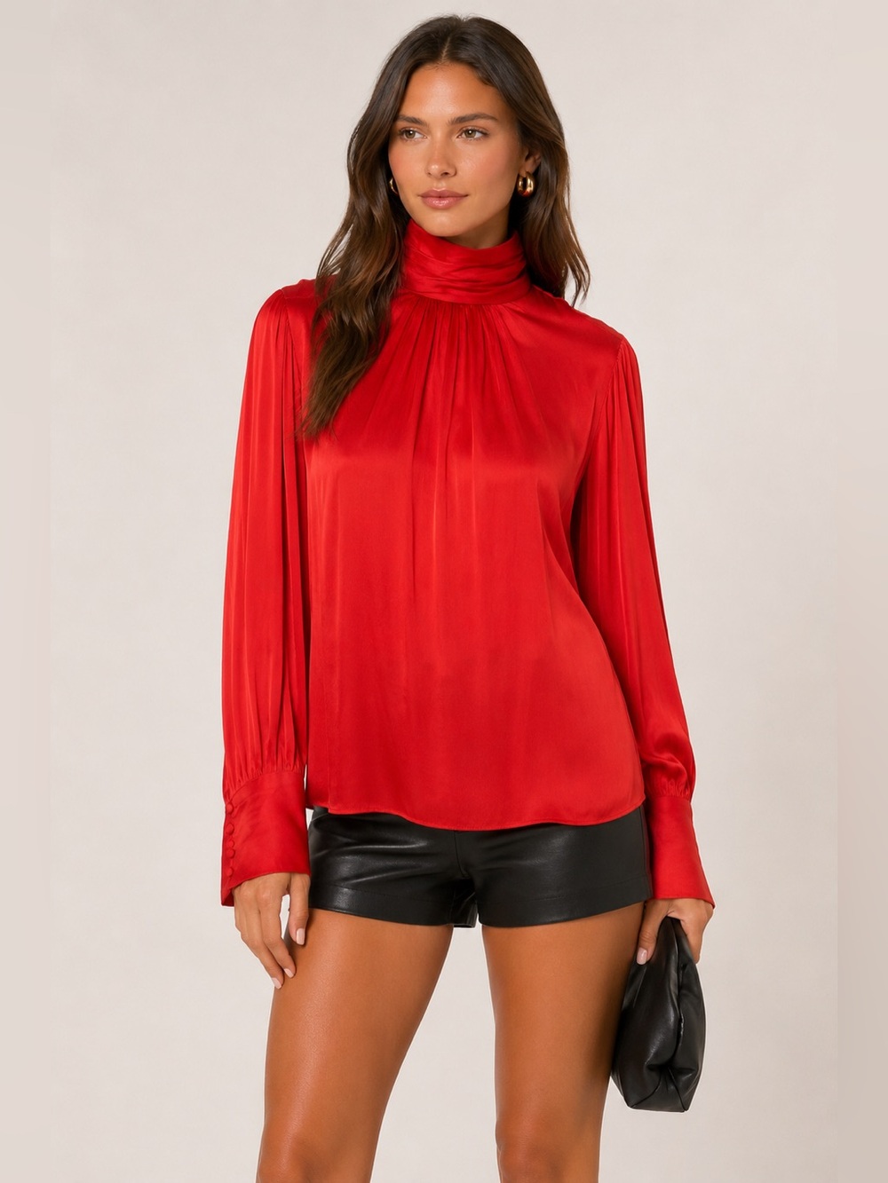 Red High-Neck Satin Blouse - Women Tops